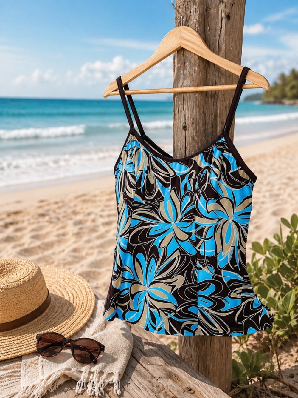 BALTEX Blue Brown Floral Tankini Swim Top Shelf Bra Beach Plus Size 1X - Picture 2 of 16